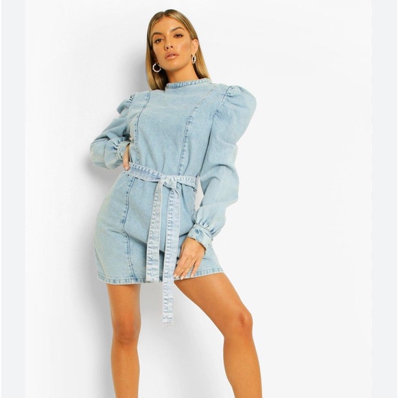 Nasty Gal Acid Wash Denim Long Sleeve Belted Mini Dress Large - Picture 9 of 9